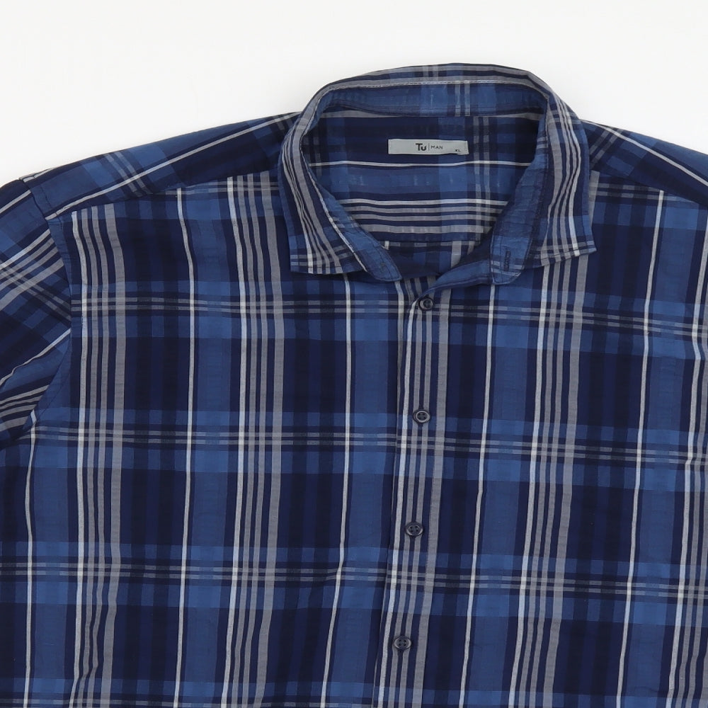 TU Mens Blue Plaid Polyester Button-Up Size XL Collared Button
