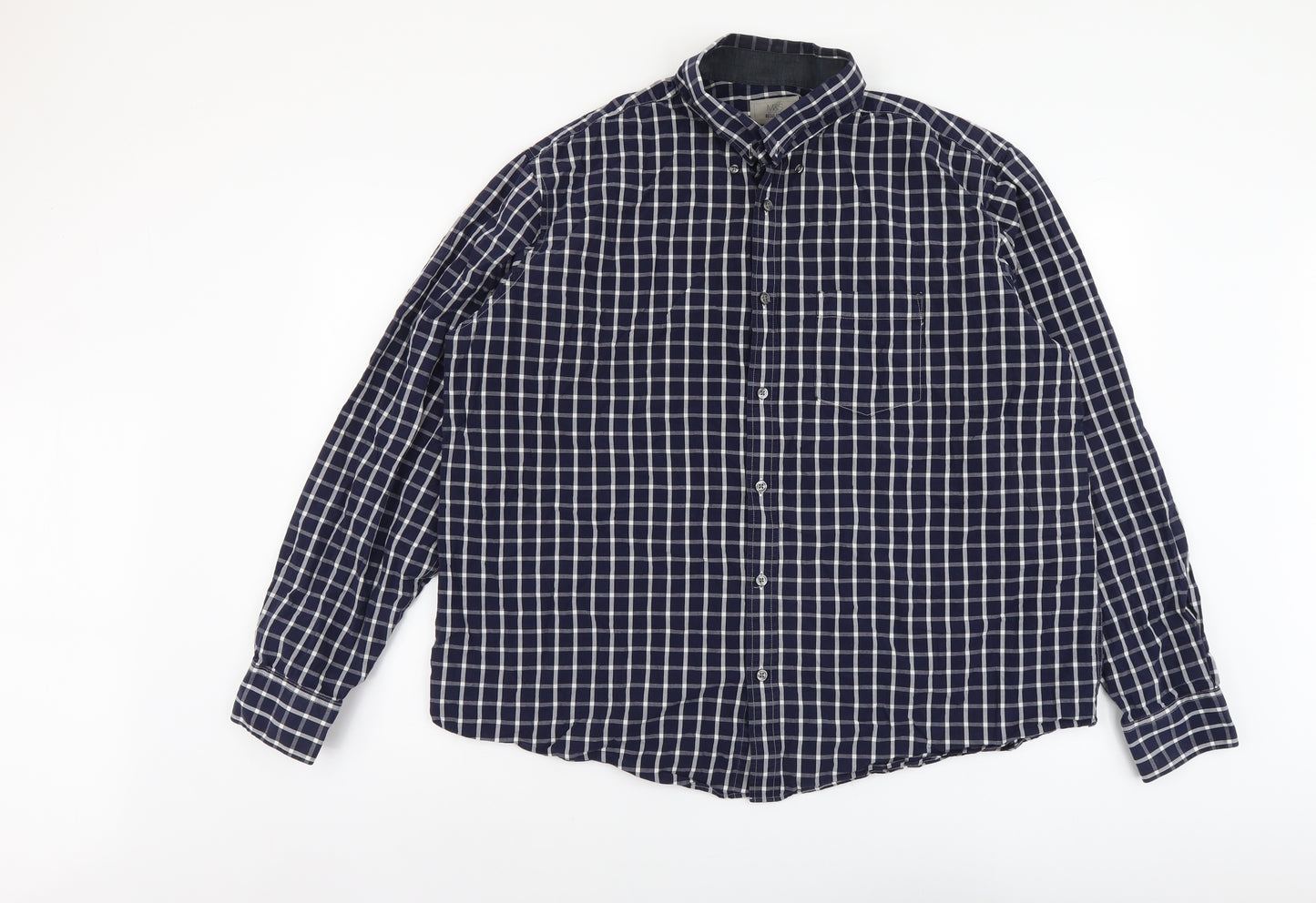 Marks and Spencer Mens Blue Check Cotton Button-Up Size 2XL Collared Button
