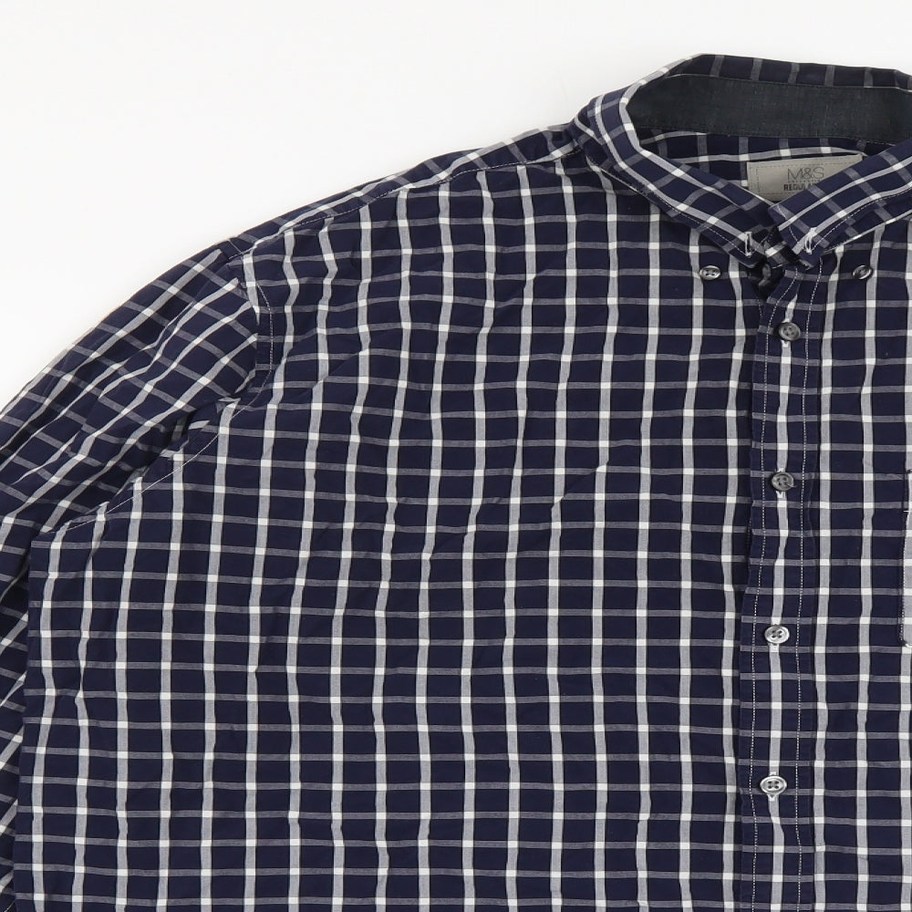 Marks and Spencer Mens Blue Check Cotton Button-Up Size 2XL Collared Button