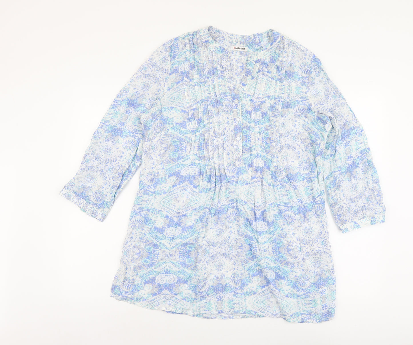Damart Womens Blue Geometric Viscose Basic Blouse Size 10 Round Neck