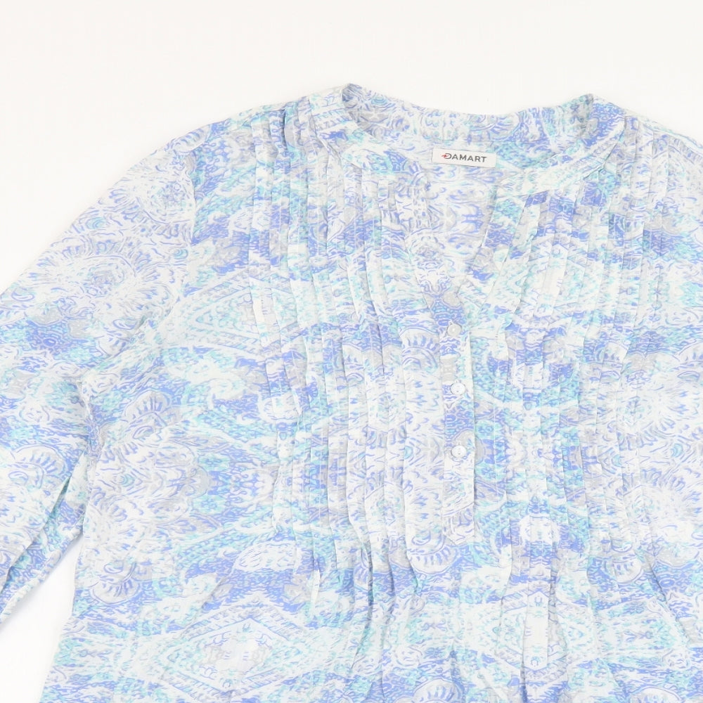Damart Womens Blue Geometric Viscose Basic Blouse Size 10 Round Neck