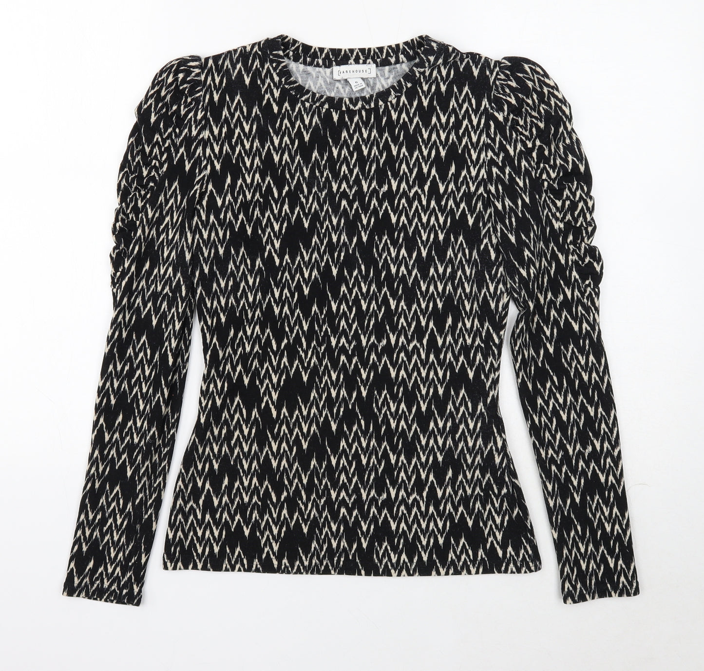Warehouse Womens Black Scoop Neck Geometric Polyester Pullover Jumper Size 6 - Sleeve Ruching