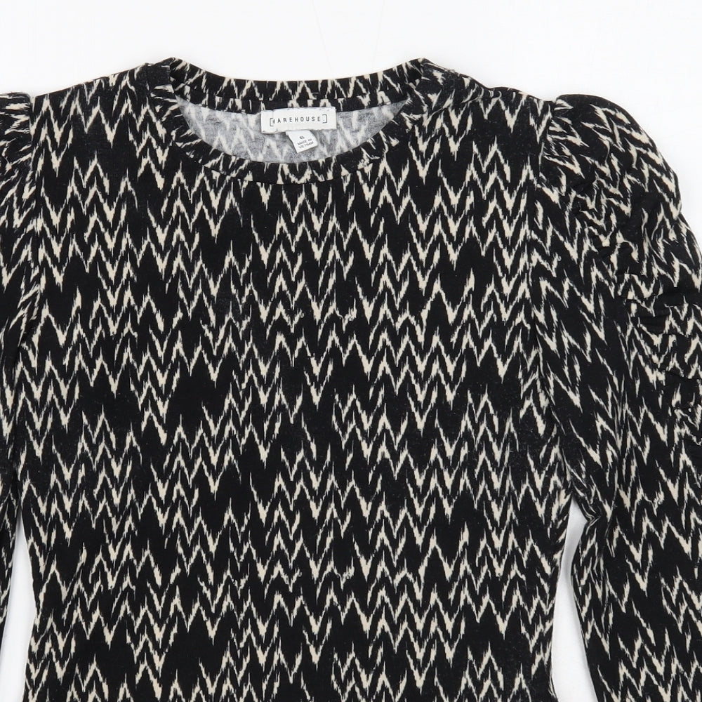 Warehouse Womens Black Scoop Neck Geometric Polyester Pullover Jumper Size 6 - Sleeve Ruching