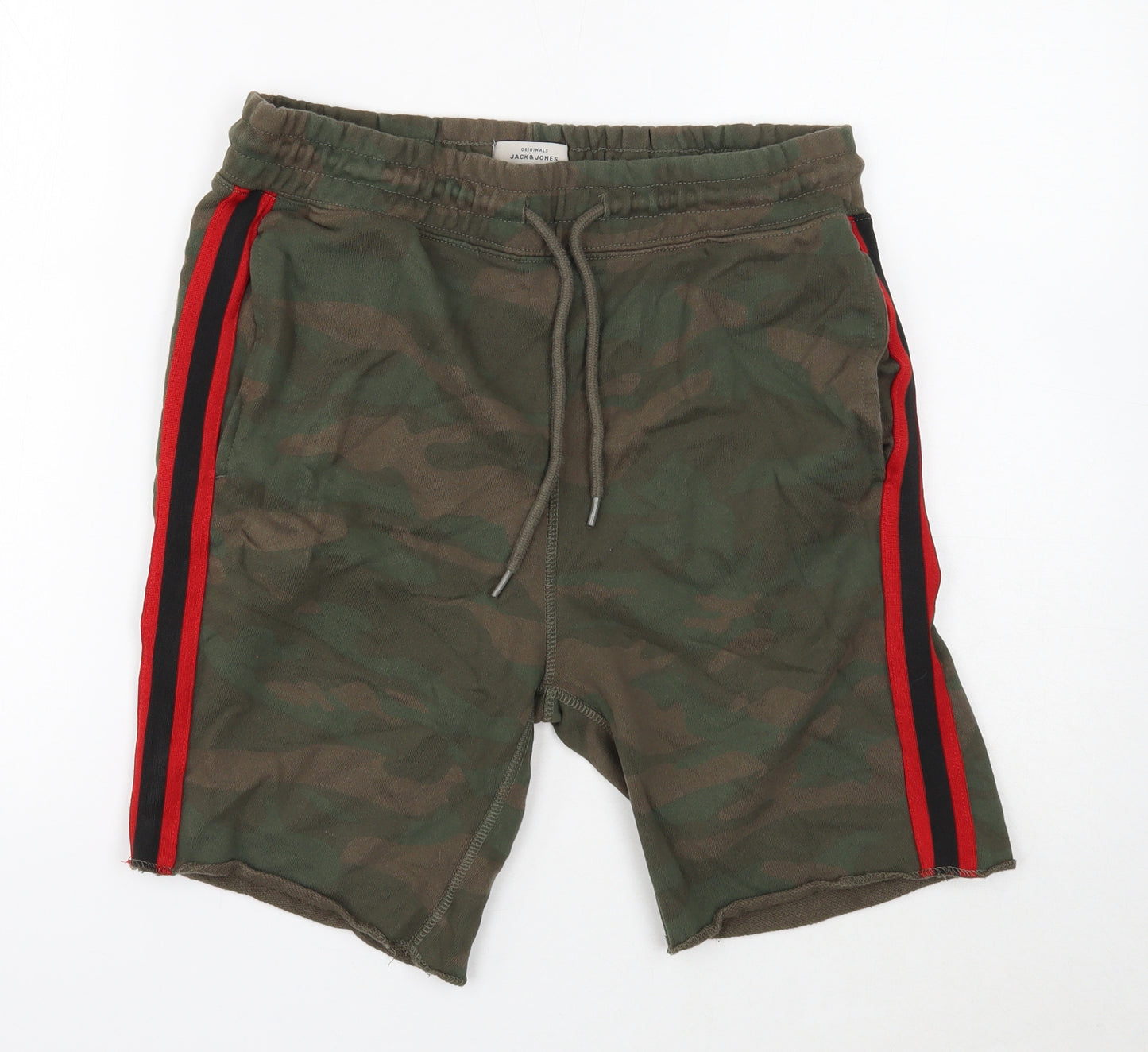 JACK & JONES Mens Green Camouflage Cotton Sweat Shorts Size M Regular Drawstring