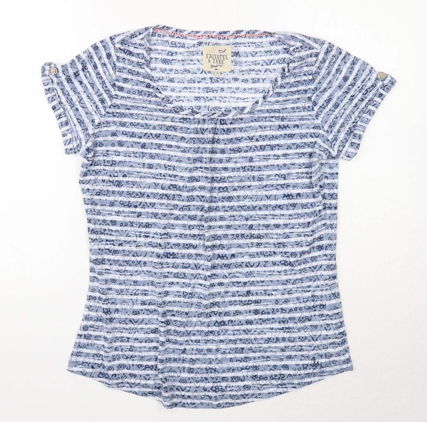 Faithful & True Womens Blue Striped Cotton Basic T-Shirt Size 14 Scoop Neck