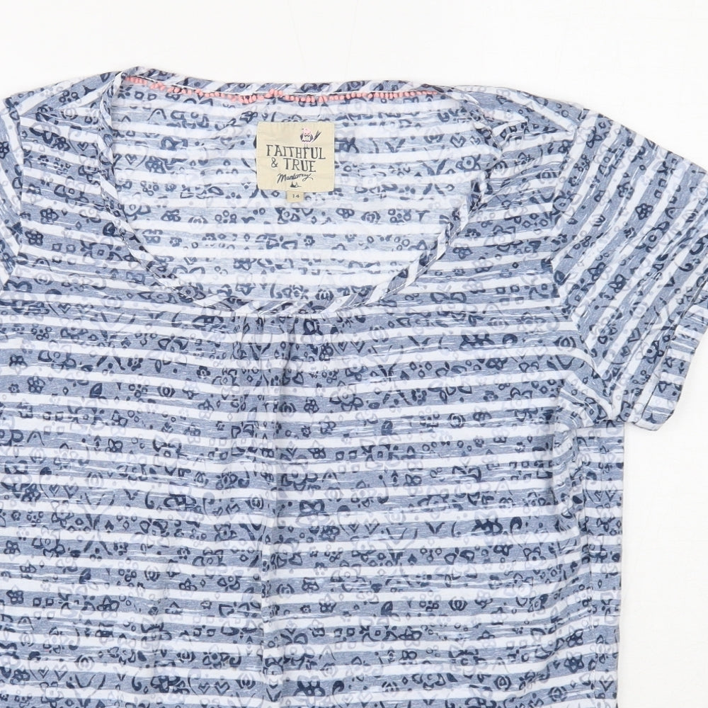 Faithful & True Womens Blue Striped Cotton Basic T-Shirt Size 14 Scoop Neck
