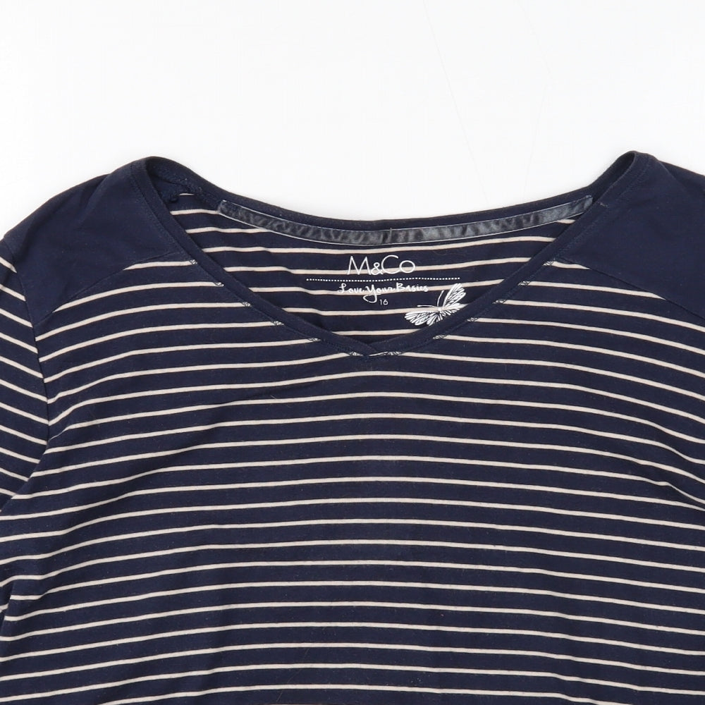 M&Co Womens Blue Striped Cotton Basic T-Shirt Size 16 V-Neck