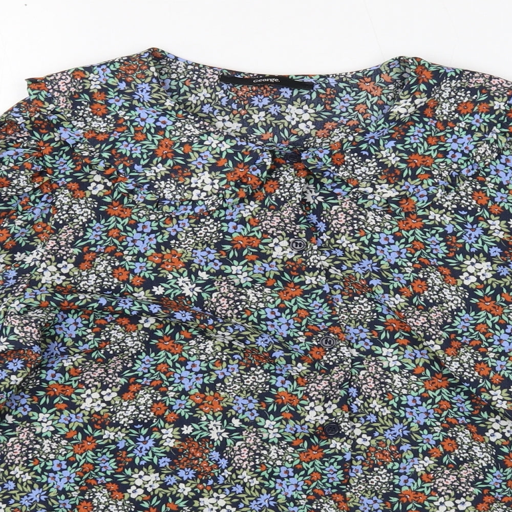 George Womens Blue Floral Polyester Basic Blouse Size 14 Round Neck