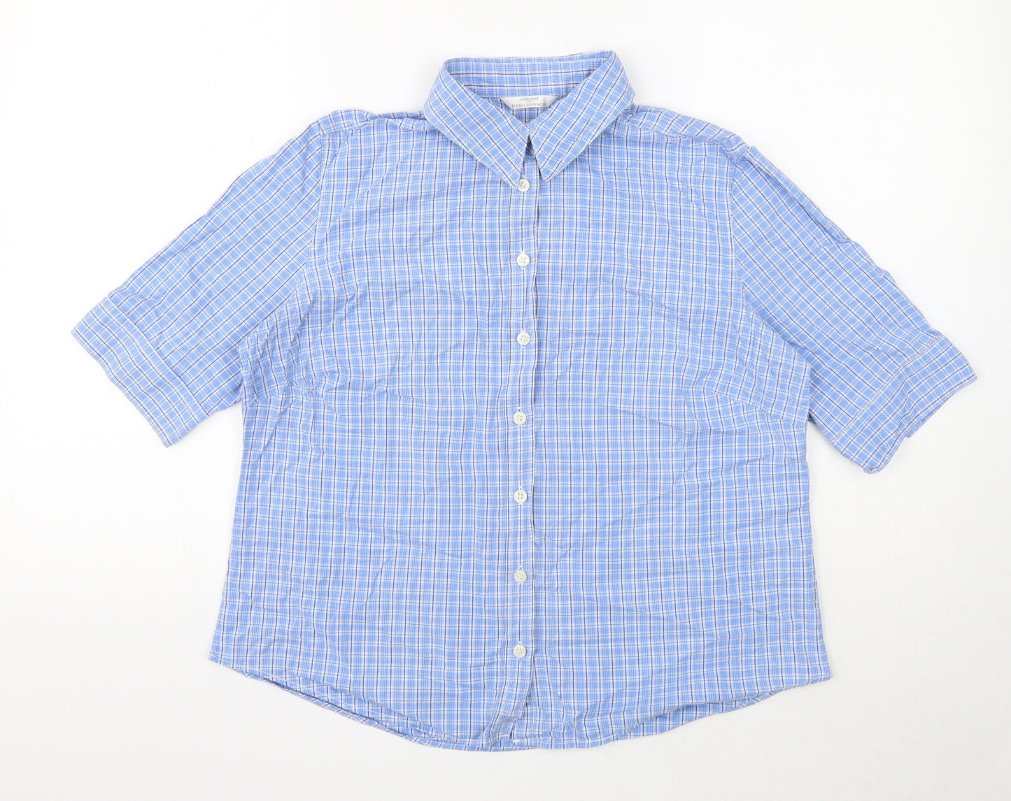 Marks and Spencer Mens Blue Plaid Cotton Button-Up Size 14 Collared Button