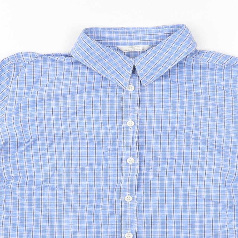 Marks and Spencer Mens Blue Plaid Cotton Button-Up Size 14 Collared Button