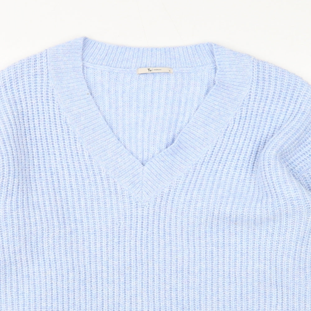 TU Womens Blue V-Neck Polyester Pullover Jumper Size 12