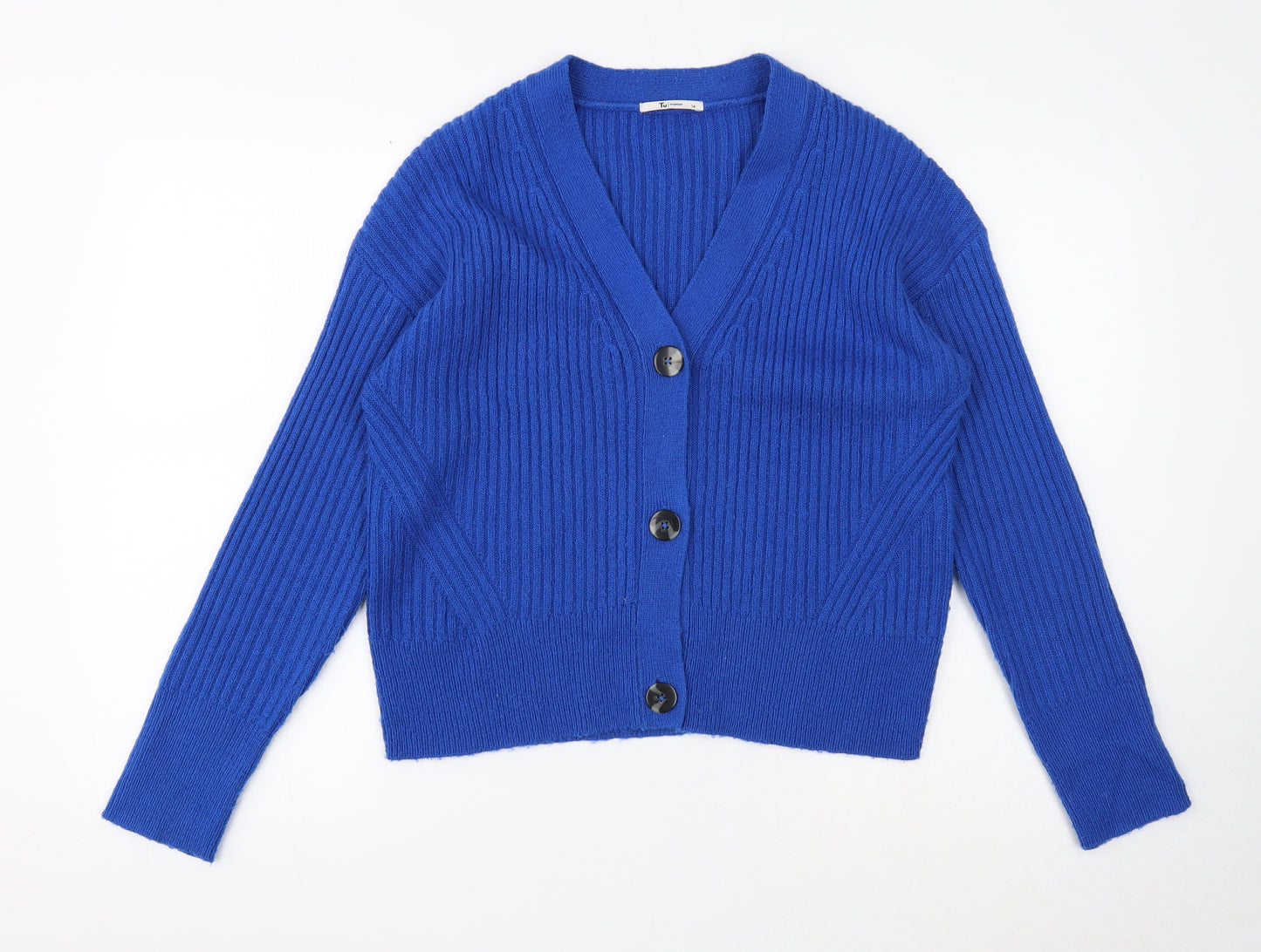 TU Womens Blue V-Neck Acrylic Cardigan Jumper Size 14 - Ribbed