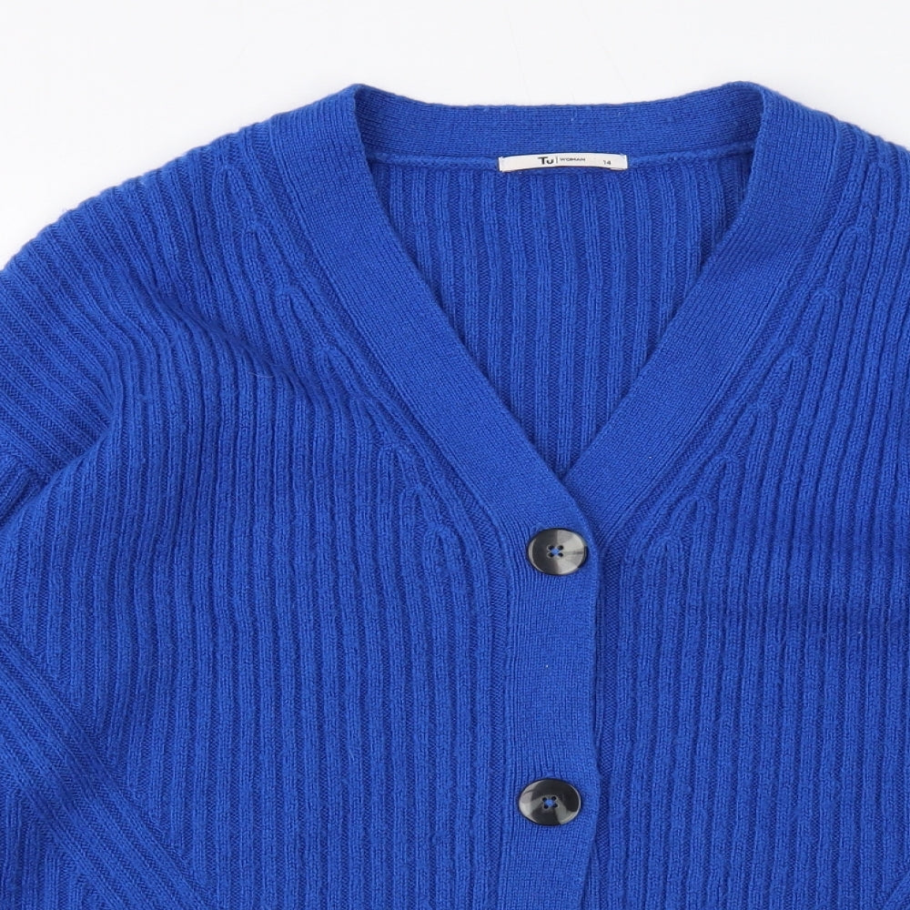 TU Womens Blue V-Neck Acrylic Cardigan Jumper Size 14 - Ribbed