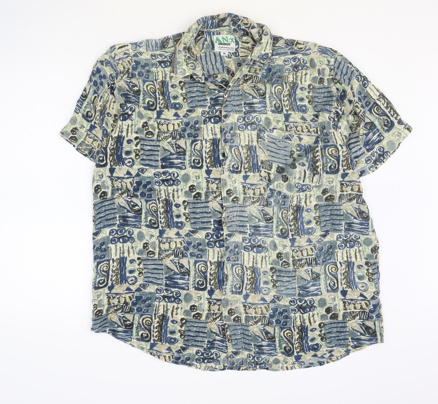 AN:X Mens Multicoloured Geometric Viscose Button-Up Size M Collared Button
