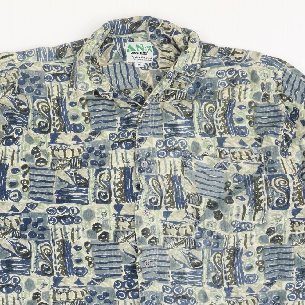 AN:X Mens Multicoloured Geometric Viscose Button-Up Size M Collared Button
