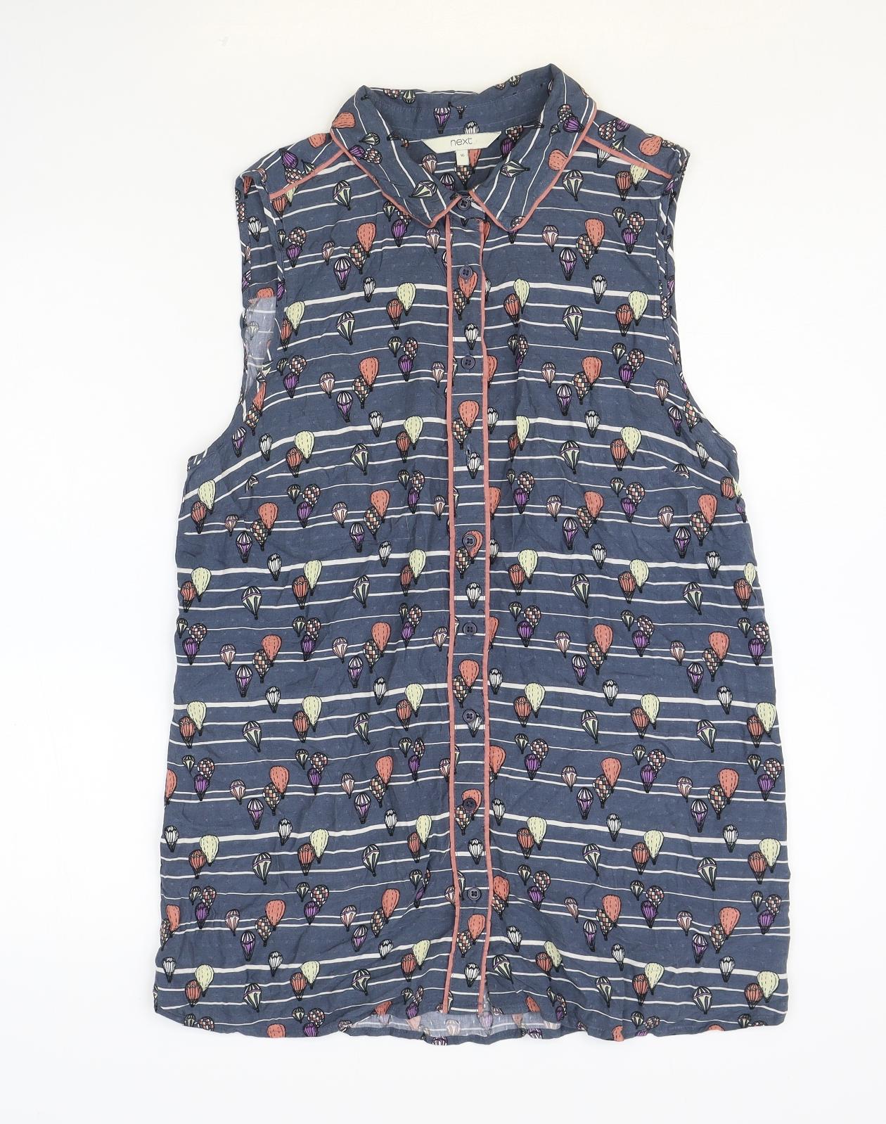NEXT Womens Blue Geometric Viscose Basic Button-Up Size 16 V-Neck