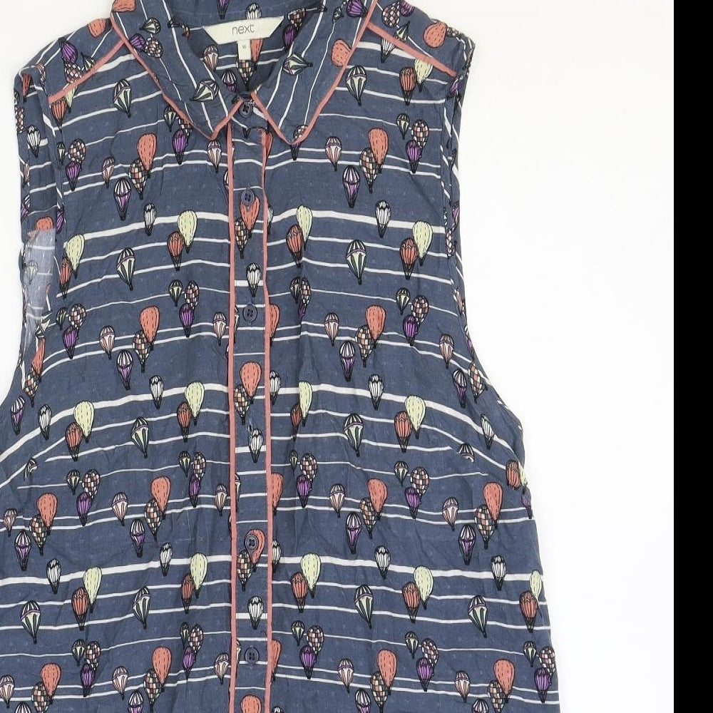 NEXT Womens Blue Geometric Viscose Basic Button-Up Size 16 V-Neck