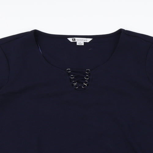 Rockmans Womens Blue Polyester Basic T-Shirt Size S V-Neck