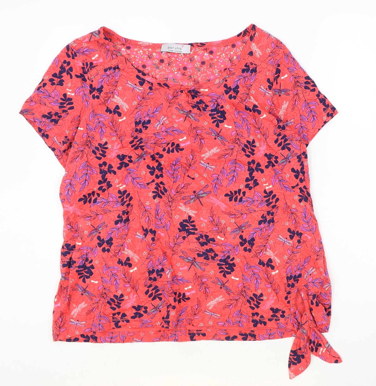 Marks and Spencer Womens Pink Floral 100% Cotton Basic Blouse Size 18 Boat Neck - Knot Front