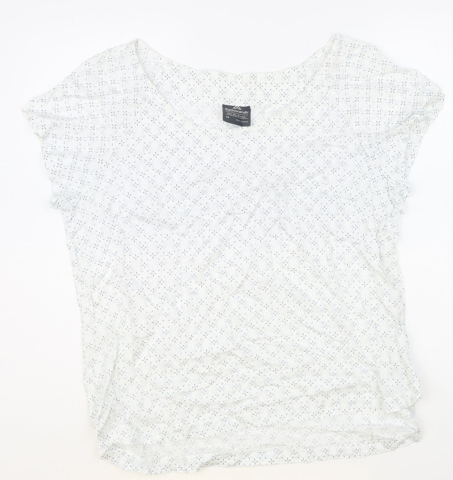 Kathmandu Womens White Geometric 100% Cotton Basic T-Shirt Size 16 Scoop Neck
