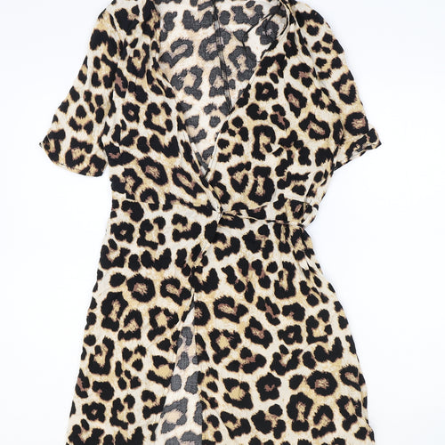 H&M Womens Brown Animal Print Viscose Wrap Dress Size XS V-Neck Tie - Leopard Print