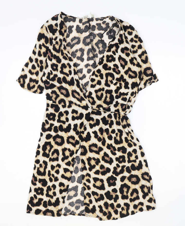 H&M Womens Brown Animal Print Viscose Wrap Dress Size XS V-Neck Tie - Leopard Print