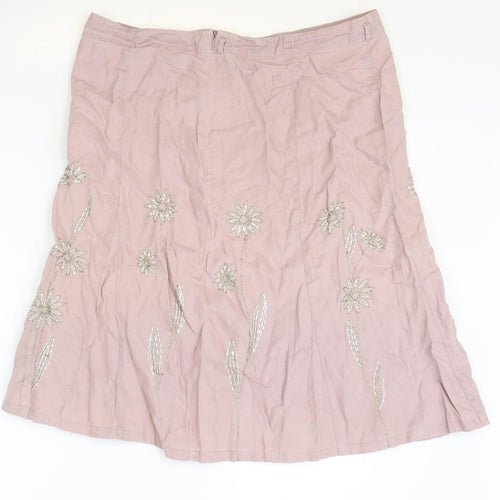 NEXT Womens Pink Floral Linen Flare Skirt Size 14 Zip