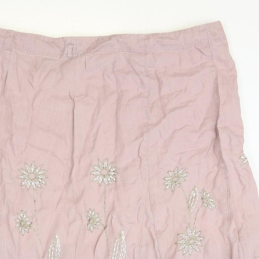 NEXT Womens Pink Floral Linen Flare Skirt Size 14 Zip