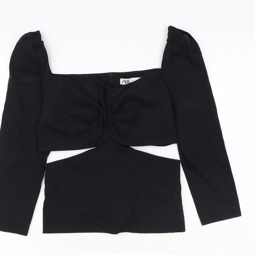 Zara Womens Black Linen Basic Blouse Size S Square Neck - Cut Out