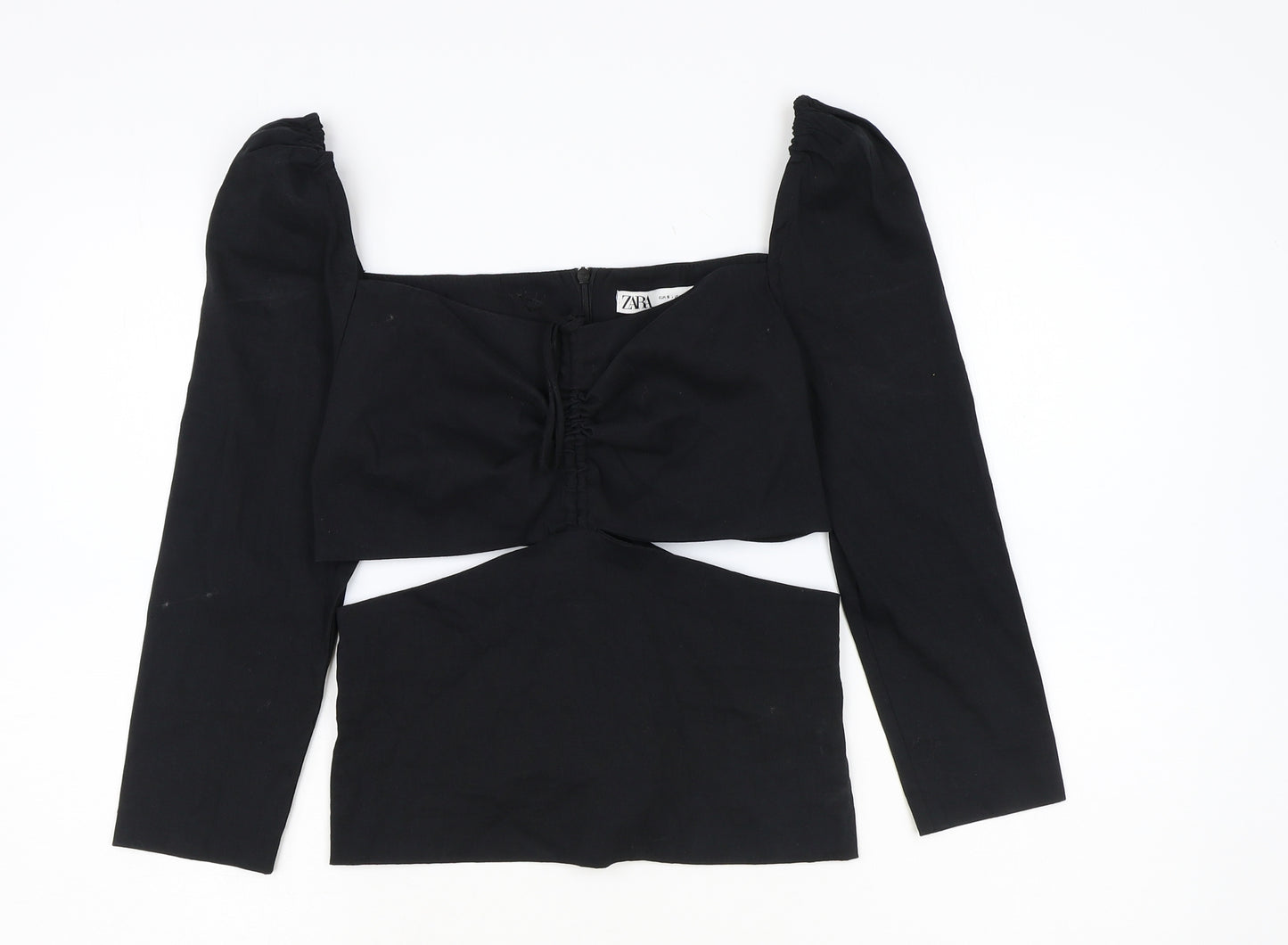 Zara Womens Black Linen Basic Blouse Size S Square Neck - Cut Out