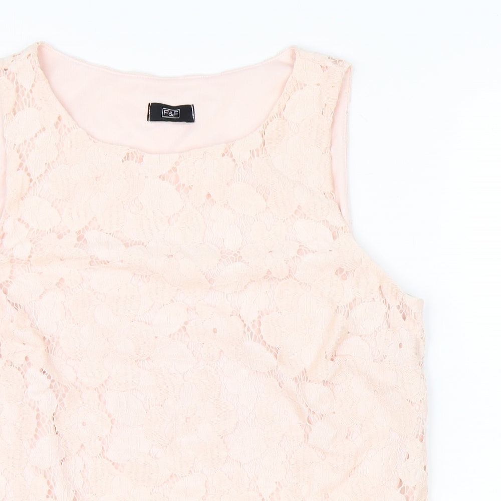 F&F Womens Pink Nylon Basic Tank Size 12 Round Neck - Lace Detail