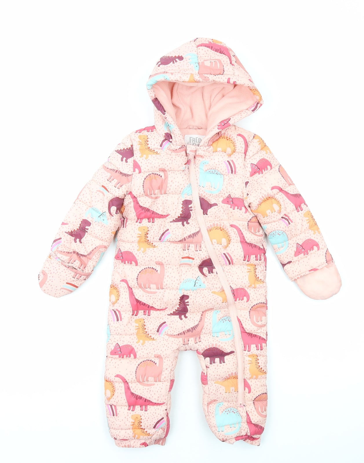 Fred&Flo Girls Pink Geometric Quilted Snowsuit Size 12-18 Months Zip - Dinosaur