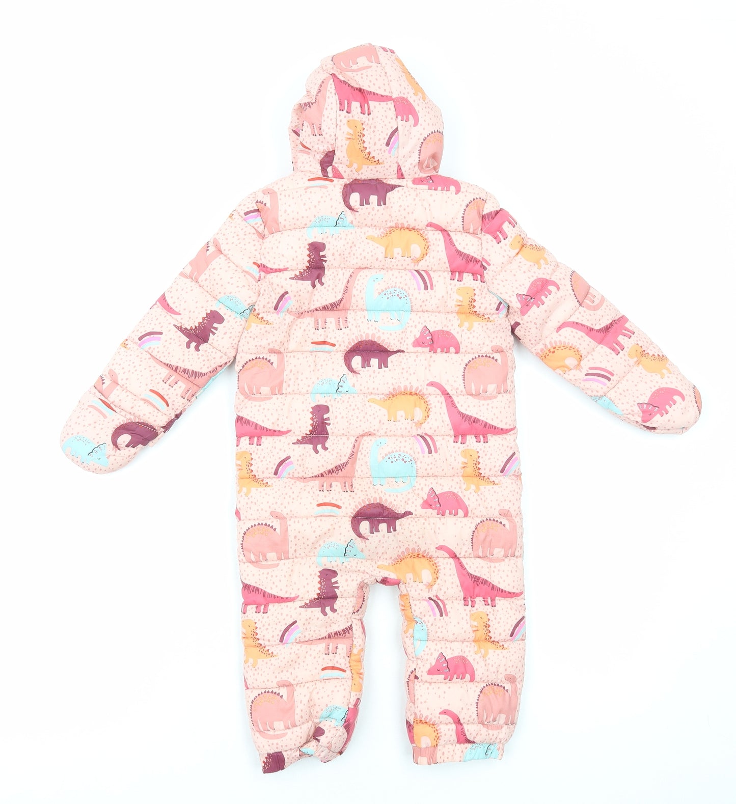 Fred&Flo Girls Pink Geometric Quilted Snowsuit Size 12-18 Months Zip - Dinosaur