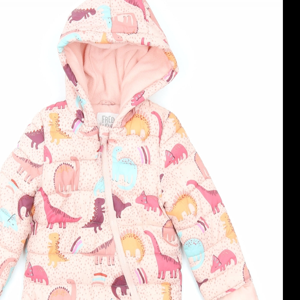 Fred&Flo Girls Pink Geometric Quilted Snowsuit Size 12-18 Months Zip - Dinosaur