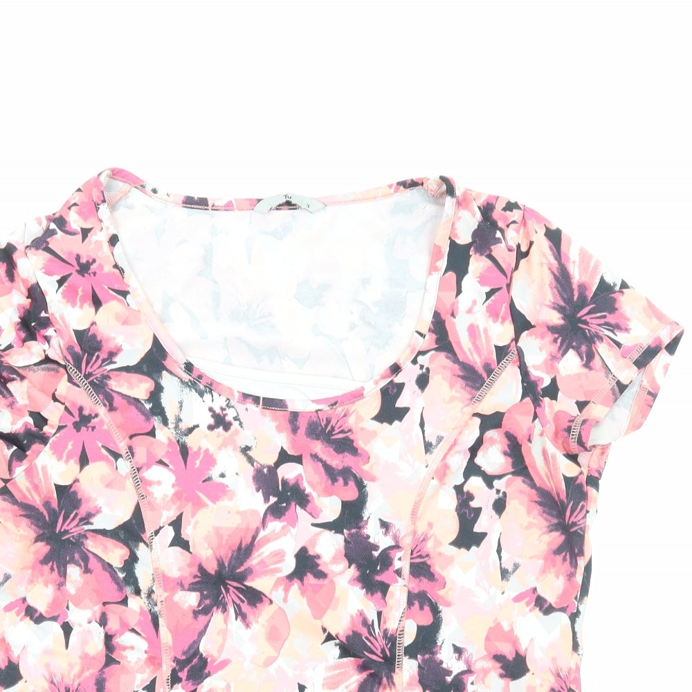 TU Womens Pink Floral Polyamide Basic T-Shirt Size 16 Scoop Neck Pullover