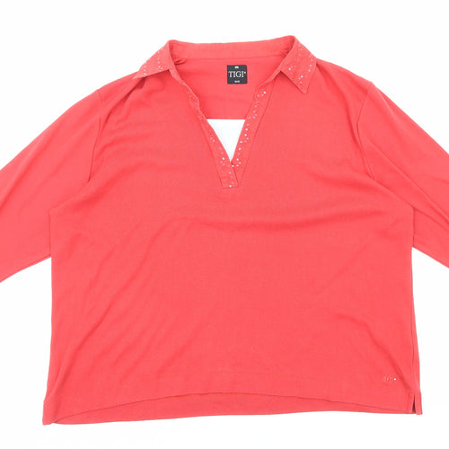 TIGI Womens Red Polyester Basic T-Shirt Size 18 Collared