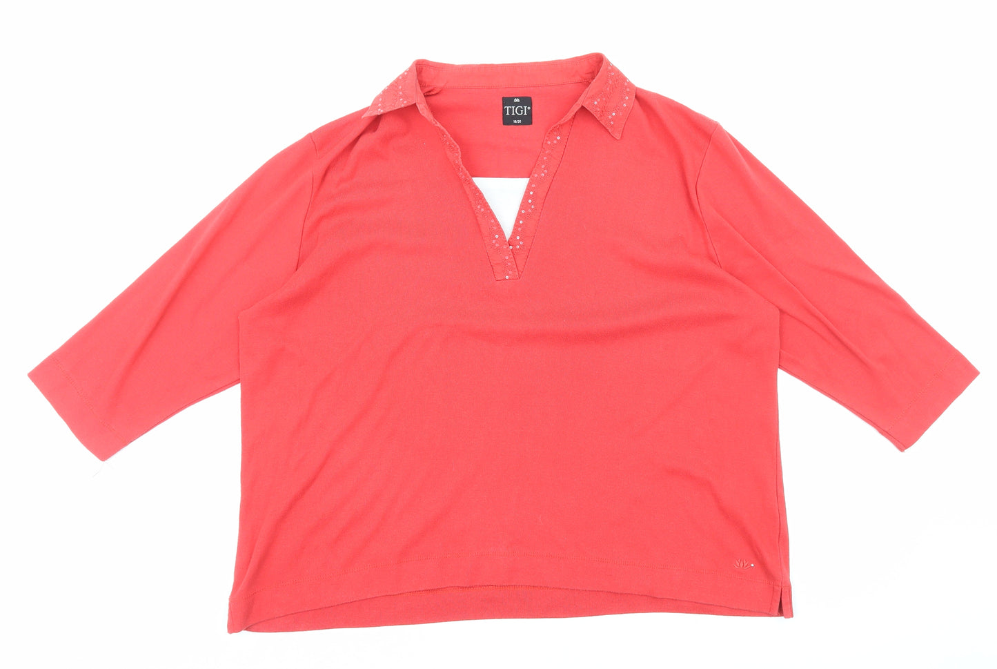 TIGI Womens Red Polyester Basic T-Shirt Size 18 Collared