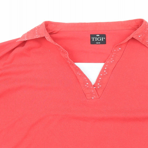TIGI Womens Red Polyester Basic T-Shirt Size 18 Collared