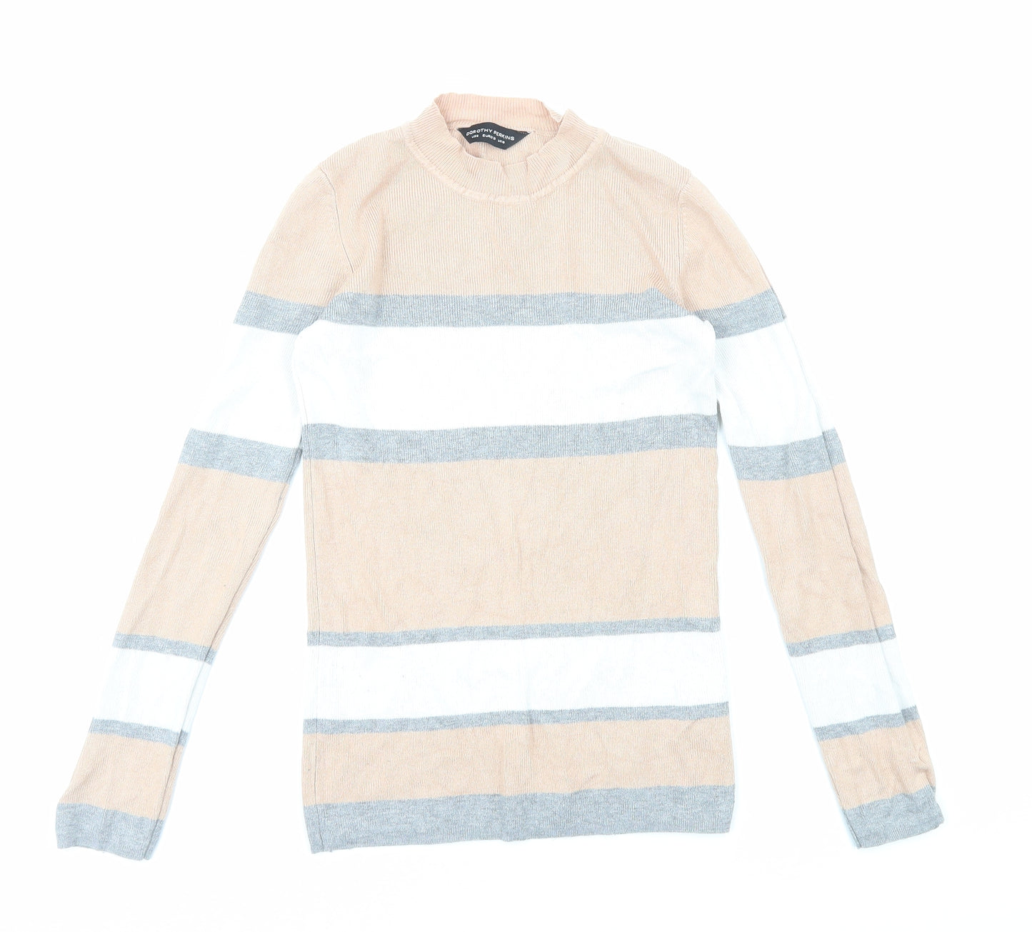 Dorothy Perkins Womens Beige Striped Viscose Basic T-Shirt Size 10 Mock Neck