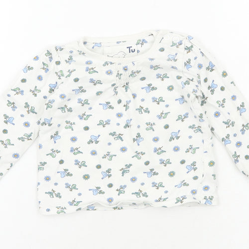 TU Girls White Floral Cotton Basic T-Shirt Size 6-9 Months Round Neck Pullover