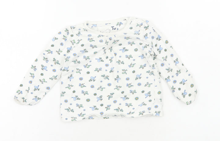 TU Girls White Floral Cotton Basic T-Shirt Size 6-9 Months Round Neck Pullover