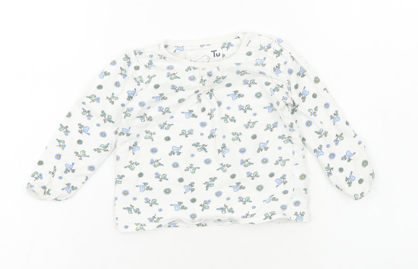 TU Girls White Floral Cotton Basic T-Shirt Size 6-9 Months Round Neck Pullover
