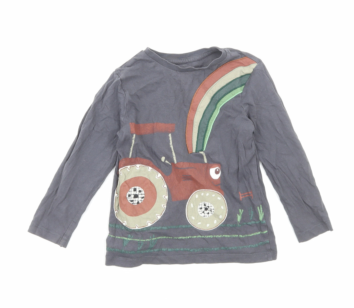 George Boys Grey Cotton Basic T-Shirt Size 3-4 Years Round Neck Pullover - Tractor