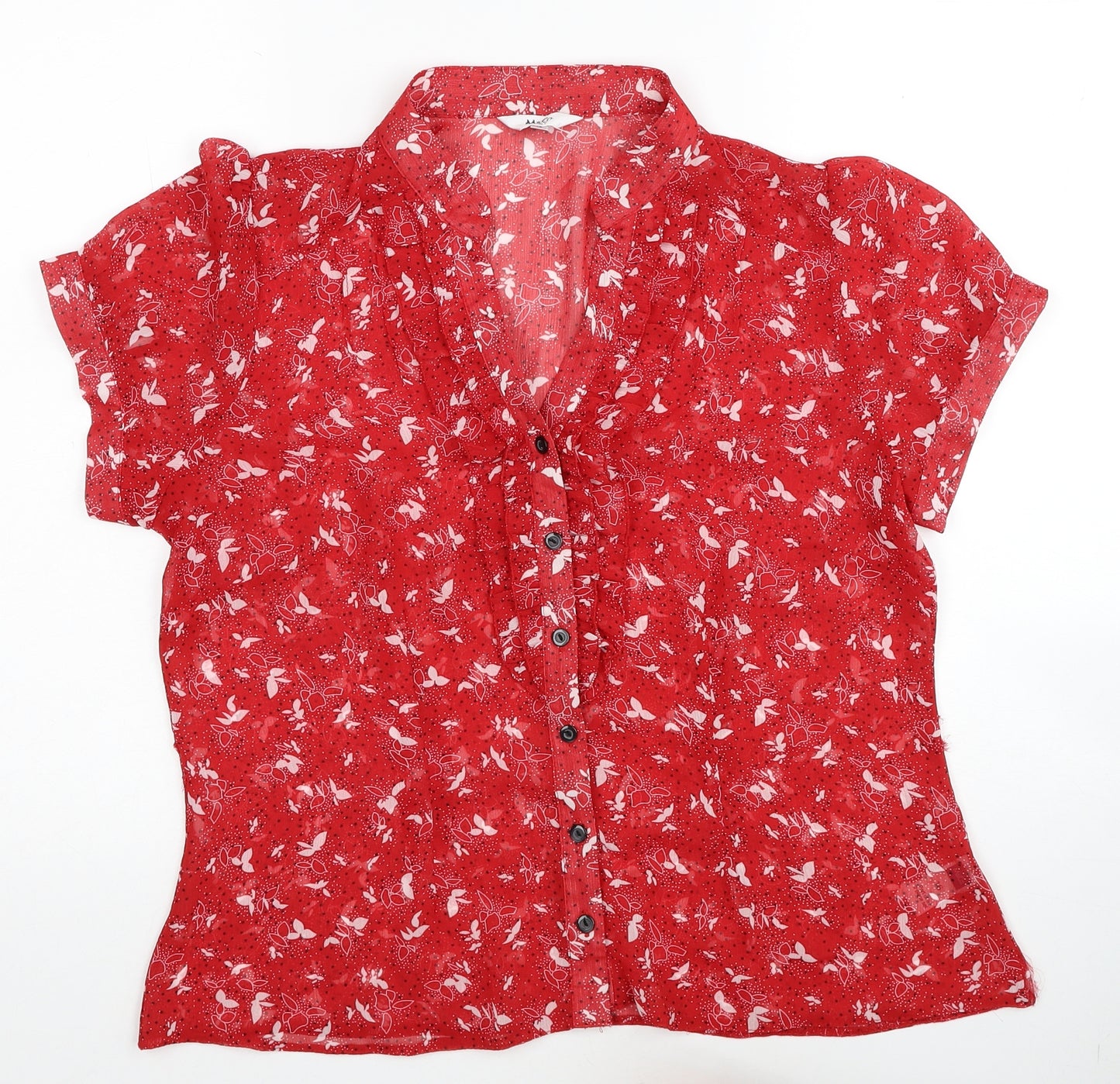 M&Co Womens Red Geometric Polyester Basic Button-Up Size 16 V-Neck