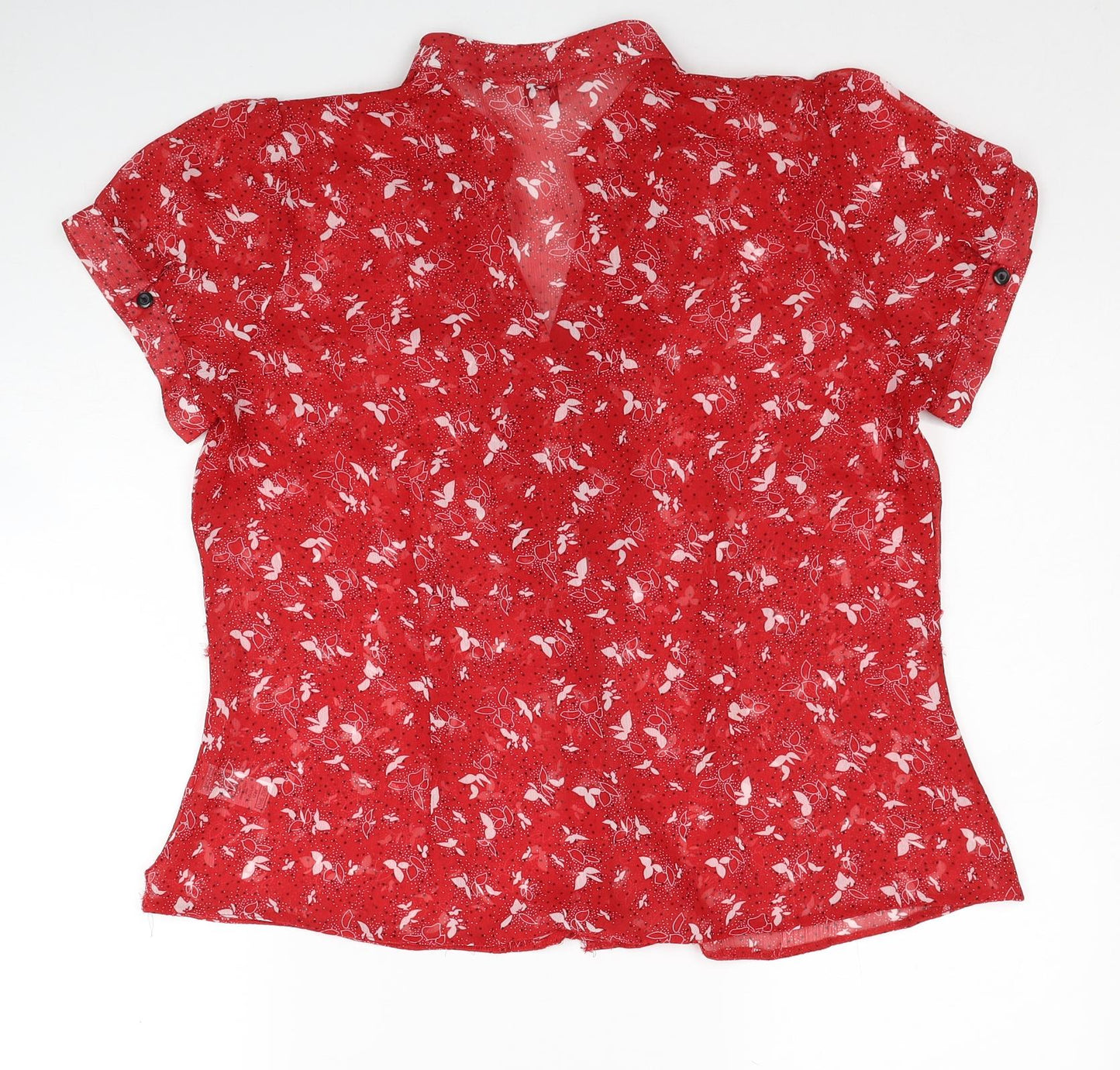 M&Co Womens Red Geometric Polyester Basic Button-Up Size 16 V-Neck