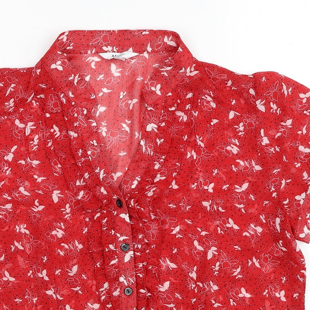 M&Co Womens Red Geometric Polyester Basic Button-Up Size 16 V-Neck