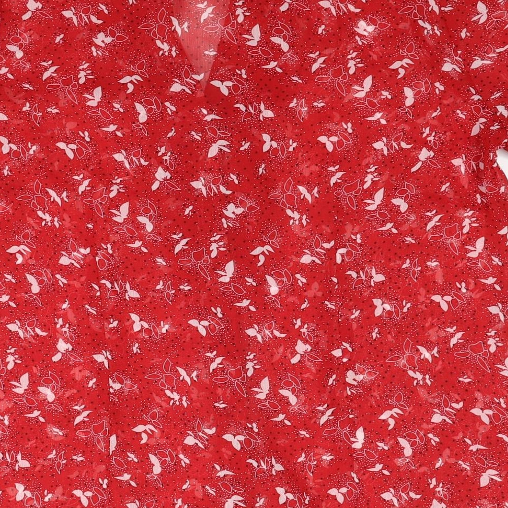 M&Co Womens Red Geometric Polyester Basic Button-Up Size 16 V-Neck