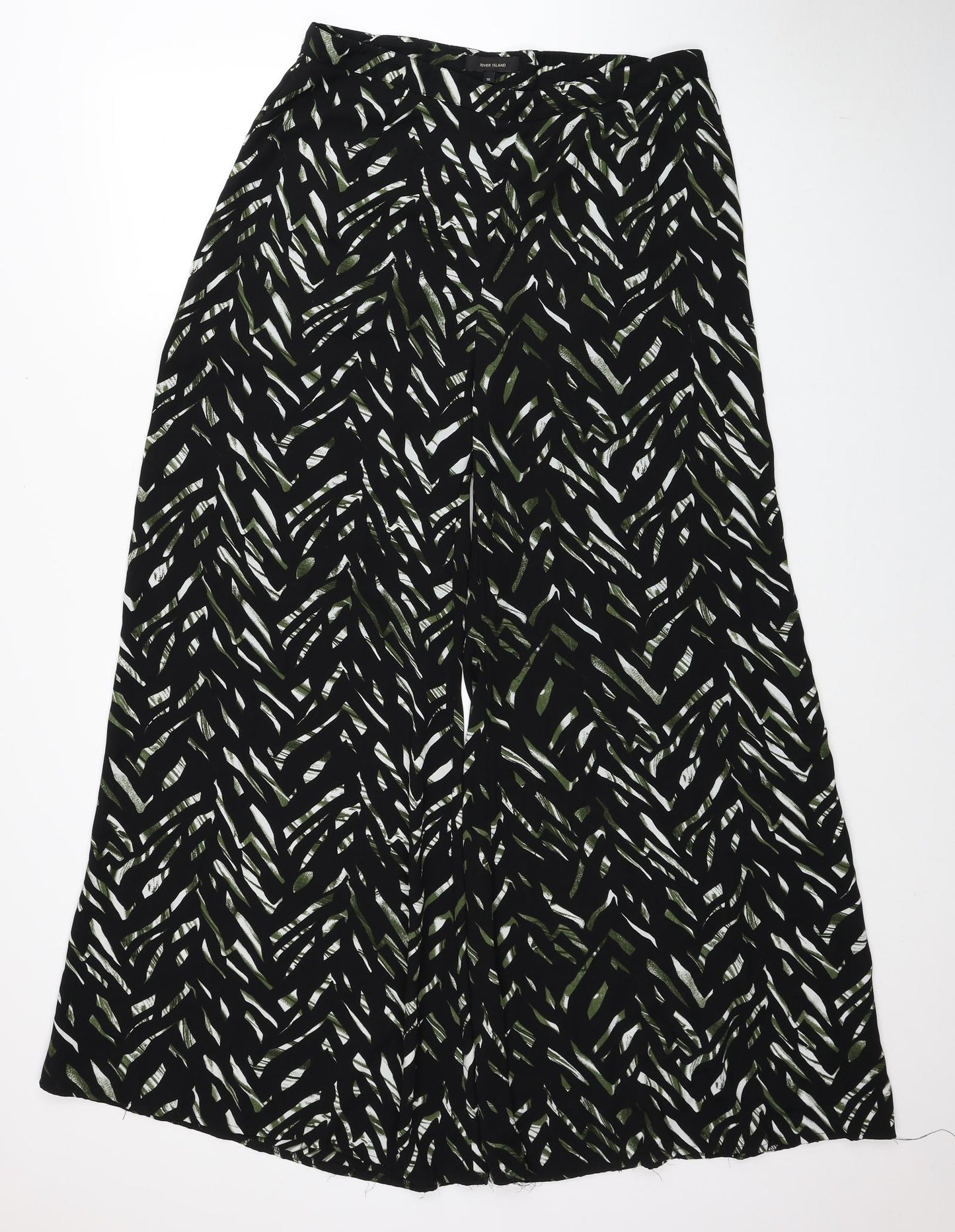 River Island Womens Black Geometric Polyester Trousers Size 16 Regular Zip - Flowy
