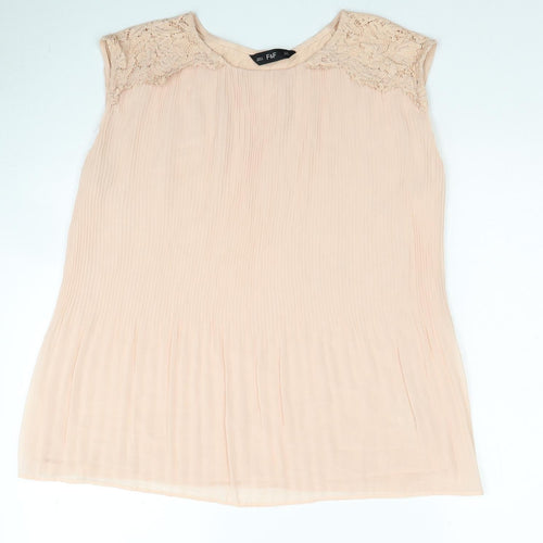 F&F Womens Beige Polyester Basic Blouse Size 12 Round Neck - Lace Detail