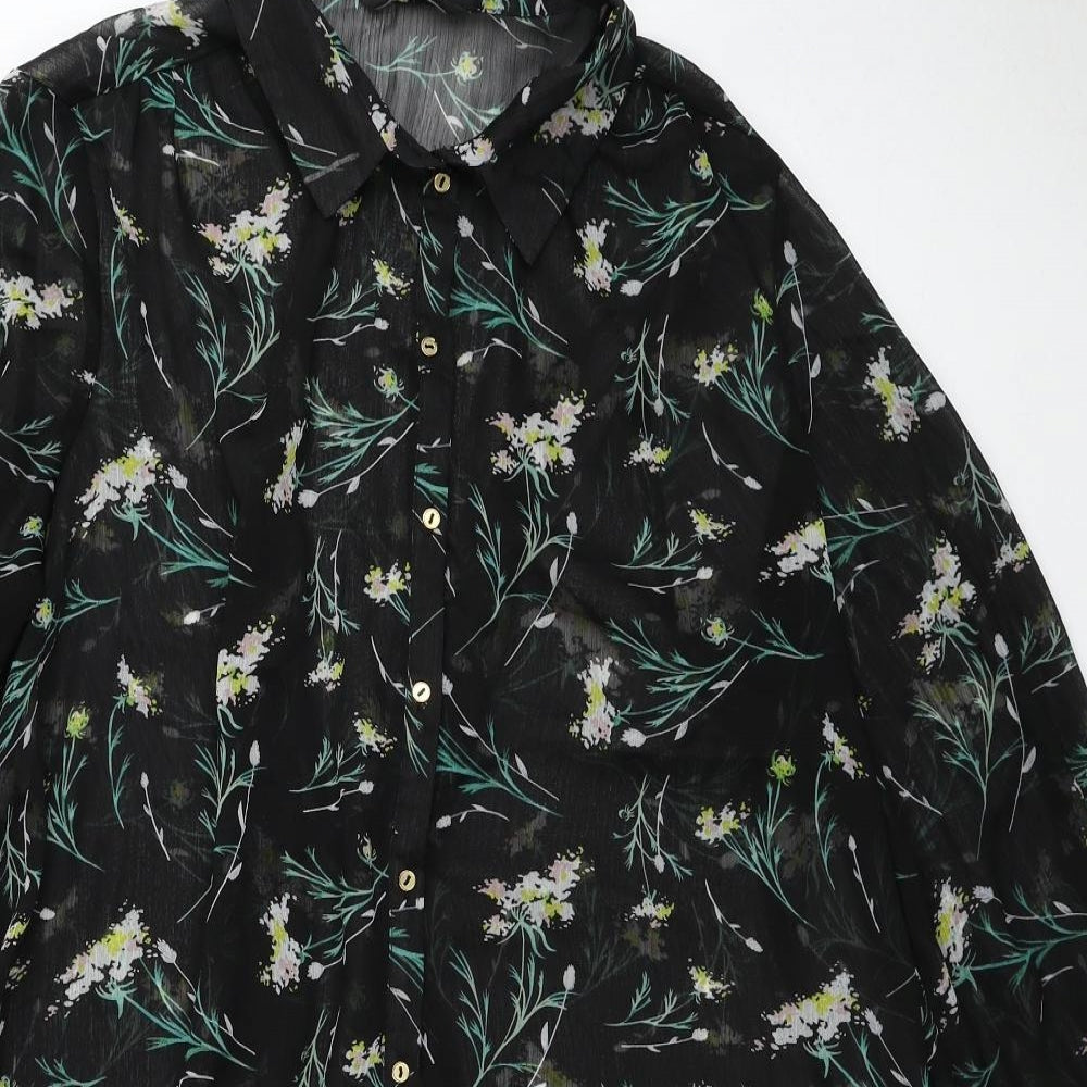 George Womens Black Floral Polyester Basic Button-Up Size 18 Collared